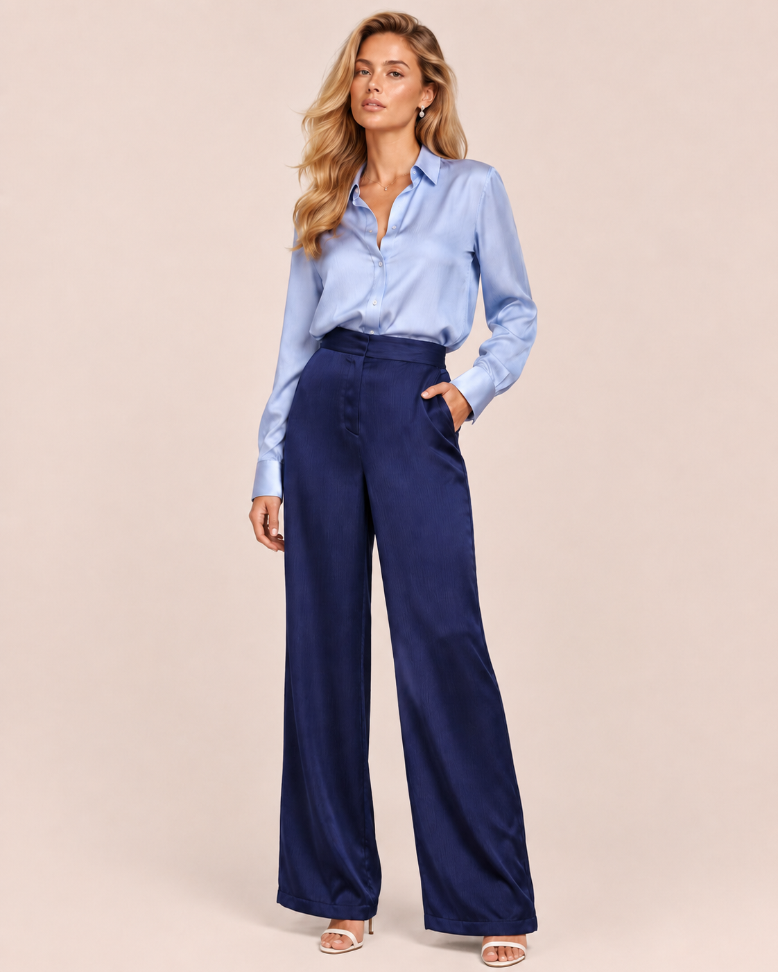 Pantalon Solène — Satin Bleu Nuit
