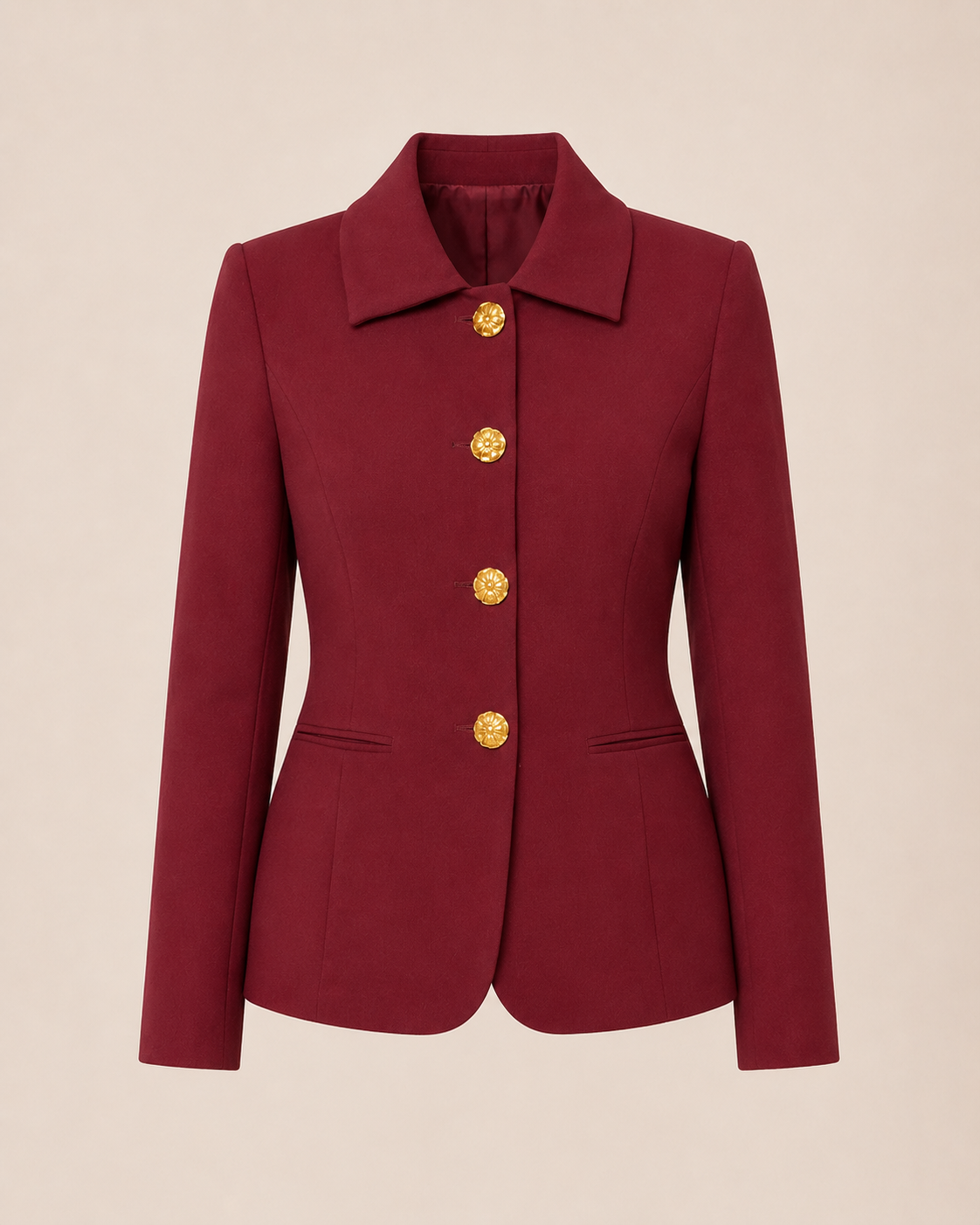 Veste Éliane — Tailleur Bordeaux & Boutons Dorés